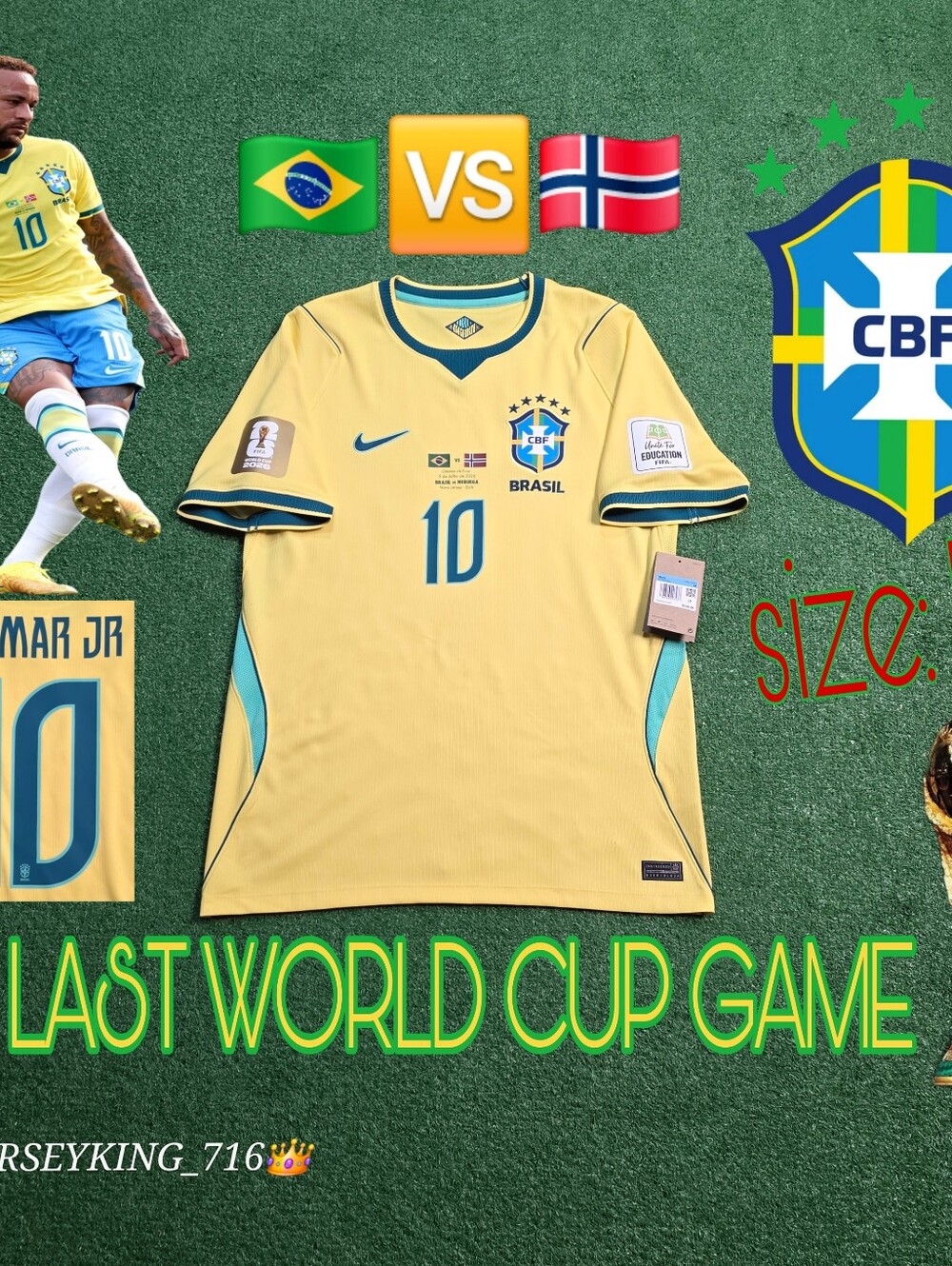 Nike Brazil CBF Neymar Jr #10 2026 World Cup Home Jersey Vs Norway Medium New